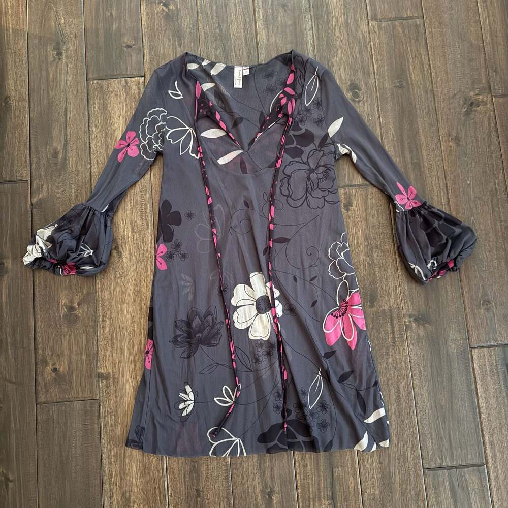 Sweet Pea by Stacy Frati Floral Mesh Bell Sleeve Dress Size M
